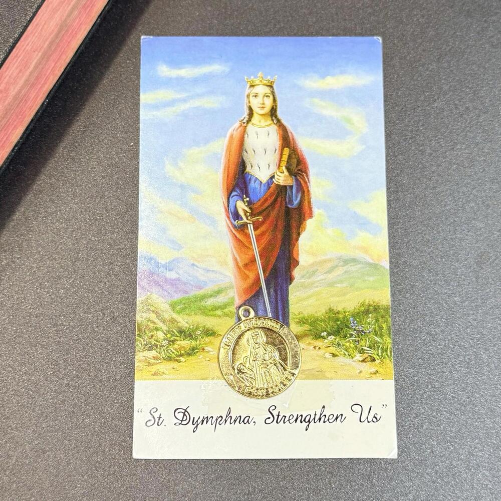 St Dymphna Prayer Card with Medal Catholic Patron Mental Health
